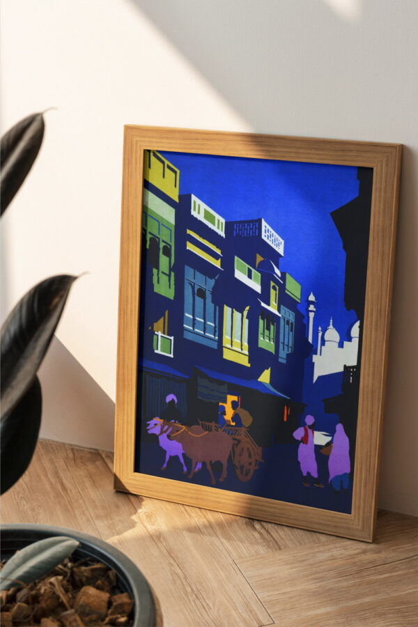 Indian street moonlight wooden wall art