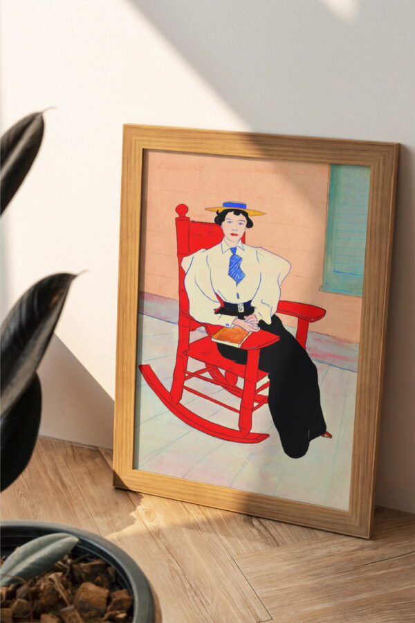 vintage lady on red chair wooden wall art